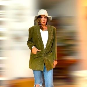 Vintage Bloomingdales olive suede leather oversized boyfriend blazer jacket
